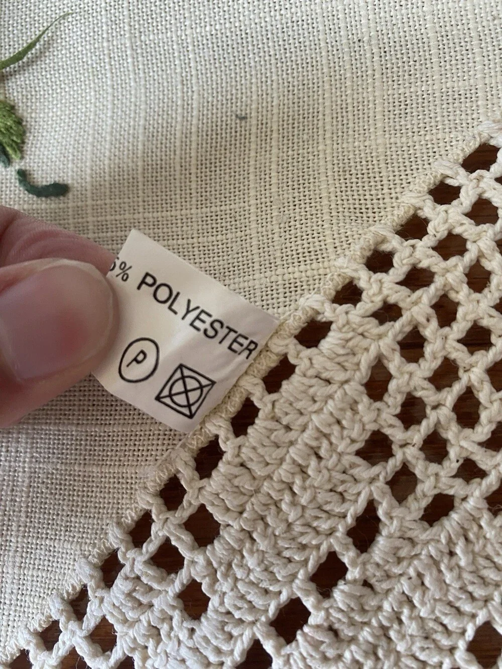 Vintage Hand Embroidered Floral Ivory Tablecloth Runner Lace Edge 32” Square